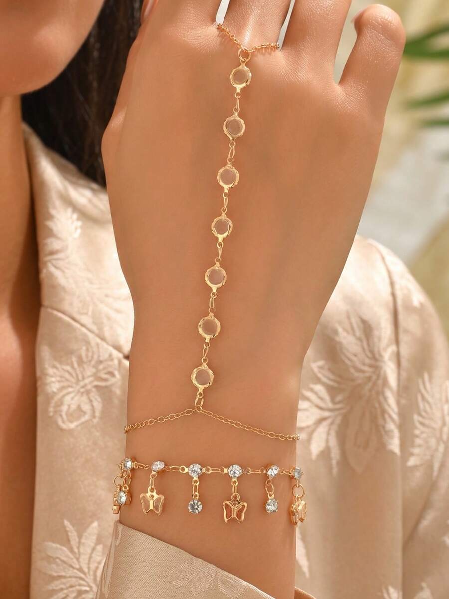 Set de 2 piezas Anillo de dedo con pulsera de mariposa de cristal colorido y elegante y versátil con borla, adecuado para uso diario y fiestas, la cadena hecha a mano se puede cortar a la longitud deseada, la cantidad de cuentas y la disposición de los colores de cristal son aleatorios - Multicolor - Ver 1