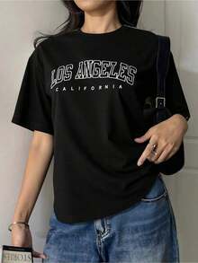 Women's Casual T-Shirt, Ideal For Everyday Wear And The Office. Made From 100% Natural Fabric With A Cute Letter And Number Print. Slim Fit, Casual Style, Perfect For Spring, Summer, And Fall. Short Sleeves. Women's Clothing. - 黑色 - 查看 7