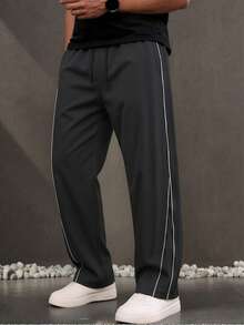 Men's Casual Straight Leg Striped Pants, Loose Fit Versatile Sports Trousers For Spring Autumn - Black - View 1