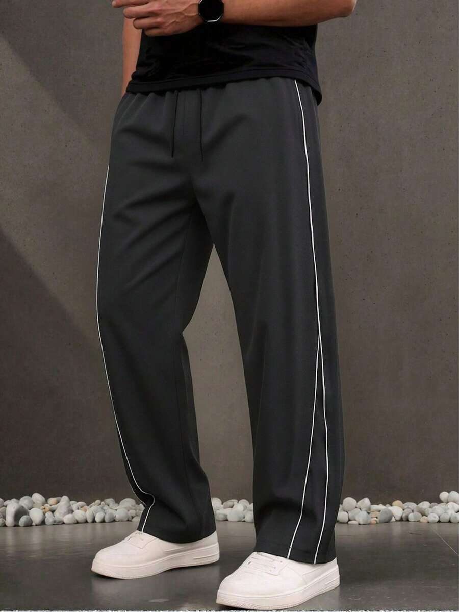Men's Casual Straight Leg Striped Pants, Loose Fit Versatile Sports Trousers For Spring Autumn - Black - View 1