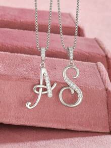 1pc Individuality Cubic Zirconia Exquisite Handwriting Initial Letter Silver Stainless Steel Necklace For Boys Girls Initial Alphabet Pendant Necklace For Daily Wear - Silver - View 3