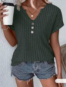 Primavera/novedad de verano, top acanalado de color sólido con cuello en V y botones decorados, camiseta elegante para mujer S-2XL - Verde oscuro - Ver 6