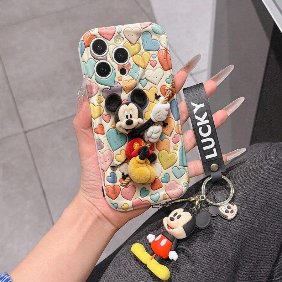 Disney Mickey Mouse Clubhouse Phone Case : 3D Fluffy Pattern Border Protector Phone Soft Phone Case With A Free Cute Mickey Bracelet Chain Lanyard, Mickey, Minnie, Goofy, Donald Duck, Daisy Duck, Pluto, For Apple 17 Promax 17 Pro 16 15 14 13 12 11 Pro Max XS Max X XR Soft Cover Summer Phone Case - 白色 - 查看 1
