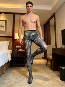 Men's Sexy Fishnet Tights, Hollow See-Through Elastic Knit Socks - Black - View 2