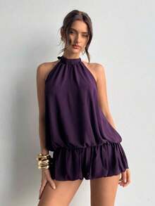 casual de verano para mujer con cuello halter, unicolor y volantes en el bajo - Morado - Ver 3
