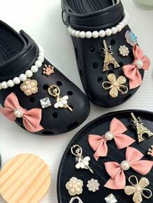 Fashionable Girl Style Clogs Shoes Charms Set - Bow, Dollar Sign, Star & Flower Decor, Shiny Clogs Shoes Accessories - Golden Eiffel Tower Ballet Chain Set - View 2