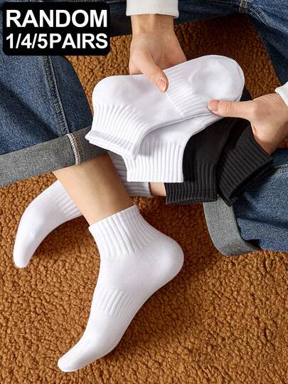 1/4/5 Pairs Men's Black & White Waist Compression Socks, Minimalist Business Casual Breathable Moisture-Wicking Ankle Socks For Home, Leisure, Running