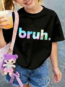 This Casual Printed T-Shirt Is Designed Specifically For Girls And Teens, And Features A Graphic Design With The Word "Bruh". The Crew Neck And Short Sleeves Make It Perfect For Summer Wear. It's The Ideal Choice For Summer Outings, School, Picnics, Spring And Summer, Travel, And Parties. - 黑色 - 查看 1