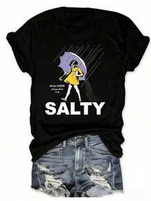 20261 Pieces Of Women's Loose-Fitting Short-Sleeve T-Shirts With A Fun Text Print. Made From 100% Pure Cotton, They Are Soft Against The Skin. A Simple Urban-Style T-Shirt, Perfect For Summer Work Or Casual Dates. - 黑色 - 查看 5