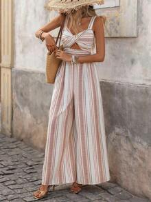 Mono de pierna ancha sólido con diseño retorcido y hueco para mujeres, informal para vacaciones - Multicolor - Ver 5