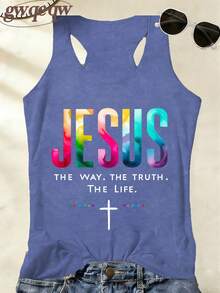 Jesus The Way The Truth The Life Rainbow Tank Top, Christian Aesthetic Graphic Tees Women,Summer Outfits For Women, Vacation Outfits,Casual Streetwear - 藏蓝色 - 查看 1