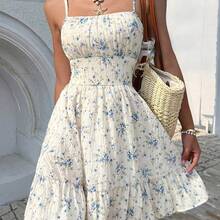 Women's Summer Holiday Ditsy Floral Print Ruffle Hem Spaghetti Strap Beach Dress,Bohemian Clothes Vacation Resort - Azul y blanco - Ver 9