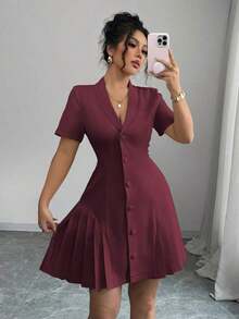 Vestido elegante y casual de verano con cuello reversible, decoración de botones, cintura ceñida, volantes y manga corta, en color liso, para primavera/verano - Burdeos - Ver 12
