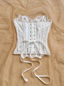 Top corset ajustado con doble capa de encaje con hombros descubiertos, estilo sexy europeo y americano.Body bordado calado.Conjunto de ropa de fiesta blanca para mujer para salir, vestido de invitada de boda, otoño/invierno - Blanco 2 - Ver 2