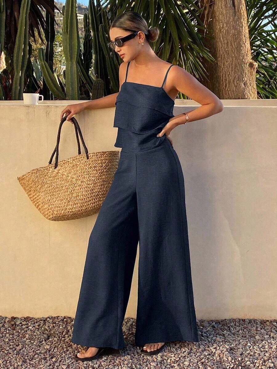 Conjunto de 2 piezas de top de tirantes con volantes y pantalones sueltos casuales de verano para mujer - Azul marino 2 - Ver 1