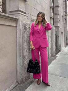 Conjunto de traje de mujer, blazer de unicolor estilo vintage + pantalones rectos, 2 piezas - Rosa 2 - Ver 7