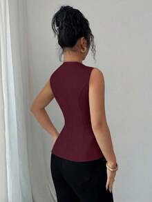 Blusa sin mangas con cuello plisado en forma de A para mujer, elegante y versátil, adecuada para ir al trabajo, vacaciones, citas, salidas, jardín, reuniones familiares, Día del Trabajo, días festivos, Día de la Independencia, vuelta al cole - Burdeos - Ver 2