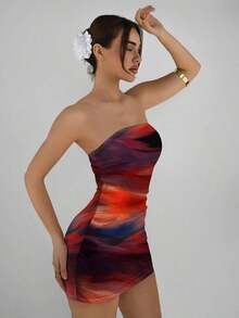 Vestido casual, elegante y sexy de estampado abstracto marrón café, tipo bandeau y ajustado, apropiado para el verano, vacaciones y fiestas - Multicolor 2 - Ver 4