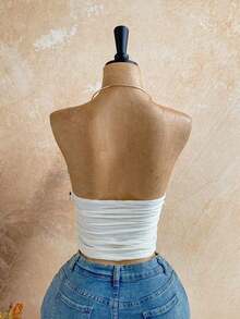 Top sin espalda con cuello halter y textura vintage para mujer, verano - Blanco - Ver 2