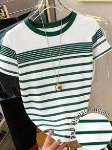 Camiseta de manga corta de cuello redondo a rayas para mujer, de uso versátil y casual para uso diario - Multicolor 5 - Ver 5