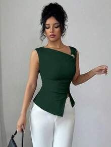 Top sin mangas de unicolor y estilo minimalista para mujer, para uso diario - Verde Oscuro - Ver 7