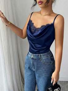 Camiseta de satén asimétrica elegante y sexy con dobladillo de encaje para mujer - azul real - Ver 3