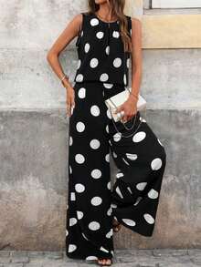 Clasi Conjunto de pantalones anchos plisados con lunares blancos y negros de cuello redondo y sin mangas, holgado, elegante para uso diario, ir a trabajar, moda primavera/verano - Blanco y Negro - Ver 7