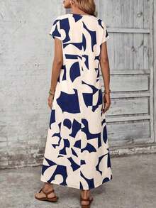 Vestido casual de mujer con estampado todo sobre, adecuado para vacaciones - Azul marino - Ver 2