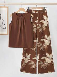 Clasi Conjunto de pantalones anchos plisados con lunares blancos y negros de cuello redondo y sin mangas, holgado, elegante para uso diario, ir a trabajar, moda primavera/verano - Marrón - Ver 6