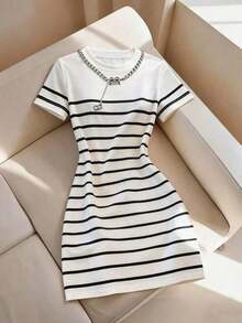 Vestido mini casual de mujer con rayas, de verano - Blanco - Ver 6