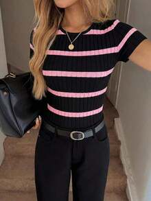 Camiseta de mujer de cuello redondo, ajustada, con textura acanalada, casual, elegante, cómoda para vacaciones y uso diario - Negro - Ver 5