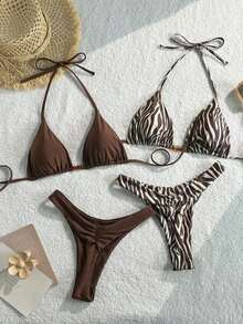 Conjunto de traje de baño de 4 piezas con cuentas marrón y a rayas, para primavera/verano 2026, conjunto de bikini de alta gama para resort de playa - Multicolor 8 - Ver 8