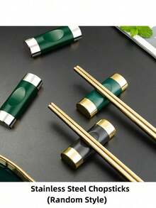 5pcs/3pcs/2pcs Random Glass Fiber & PP Material Chopstick Holder, Pillow Shaped Chopstick Stand, Chopstick, Spoon, Knife Rack, Desktop Decor, Green & Silver - Multicolor - View 2