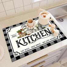 1pc Dish Drying Mat, Coffee Machine Pad, Black & White Checkered Border With Vintage Hand-Painted Floral Pattern, Suitable For Dining Table Absorbent Use, Multi-Purpose Drainage Mat, Home Gift, Tabletop Decor - XYLSD-320 - View 6