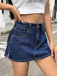 Falda mini de mezclilla lavada casual para mujer, verano - Azul lavado oscuro - Ver 3