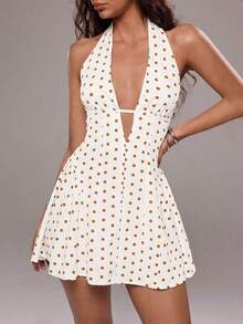 Vestido corto de verano con escote halter y espalda descubierta, con estampado de lunares sexy para mujer - Amarillo - Ver 5