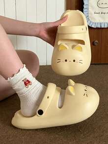 女士厚底凉鞋，防水厚底包头拖鞋，可爱猫咪图案，浅黄色，室内外皆宜，时尚舒适，春夏款，防滑透气，减震，适合女孩、学生、海滩穿着 - 黃色 - 查看 2