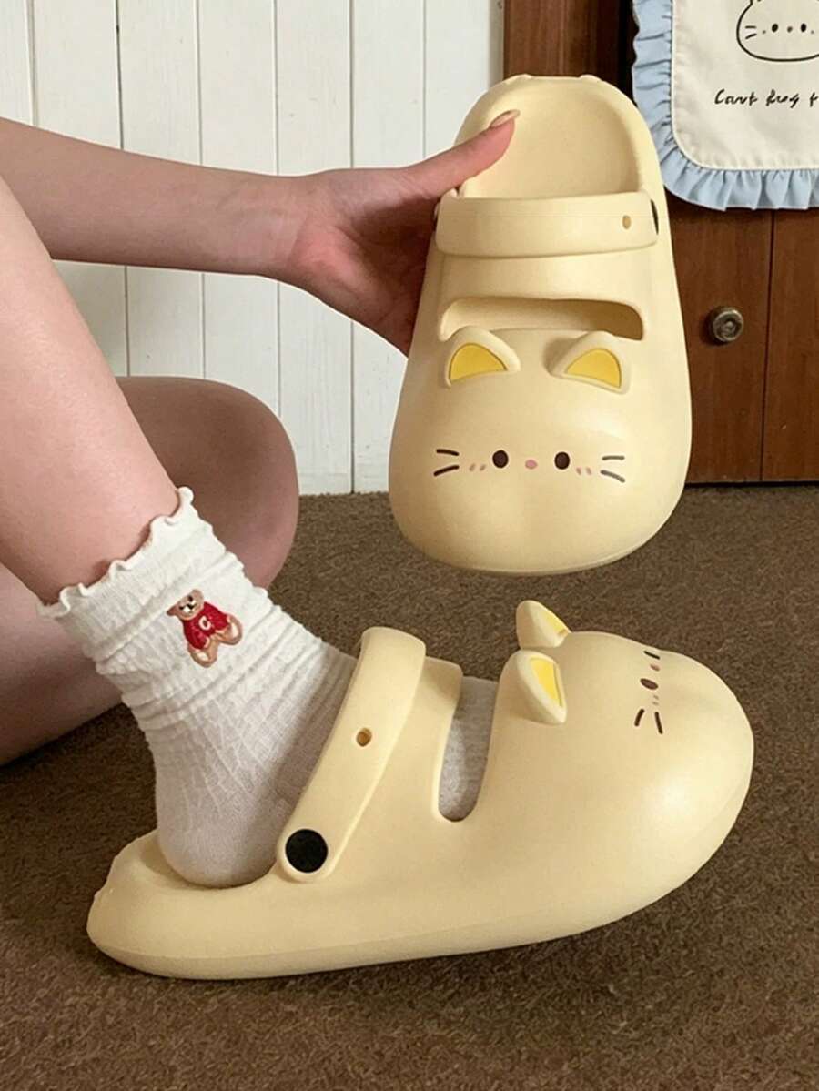 女士厚底凉鞋，防水厚底包头拖鞋，可爱猫咪图案，浅黄色，室内外皆宜，时尚舒适，春夏款，防滑透气，减震，适合女孩、学生、海滩穿着