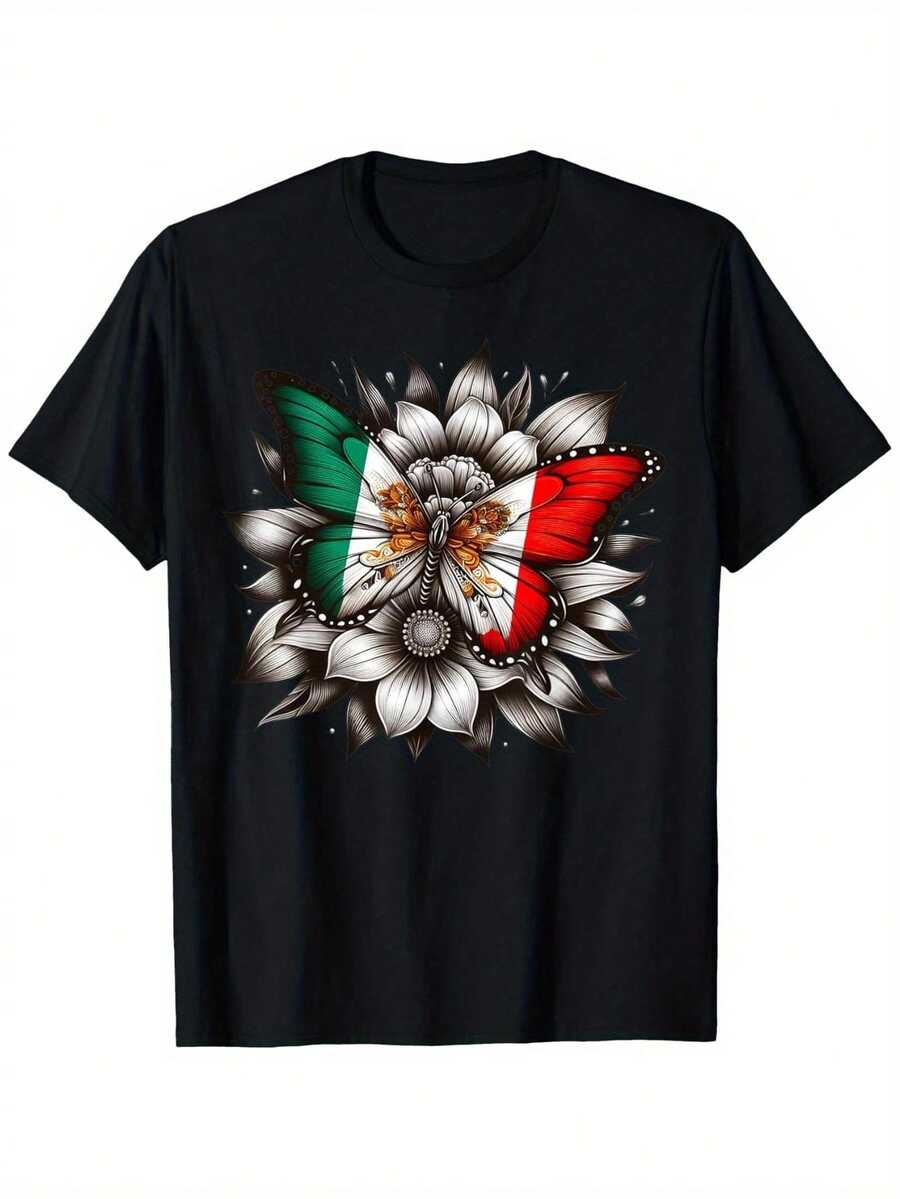Men's And Women's T-Shirt Celebrating Mexican Independence Day, With A Butterfly Design. This Casual, Crew-Neck, Short-Sleeved Shirt Is Made Of 100% Cotton With A Fabric Weight Of 180 G/M², Available In Regular Sizes S To XXXL. - 黑色 - 查看 1