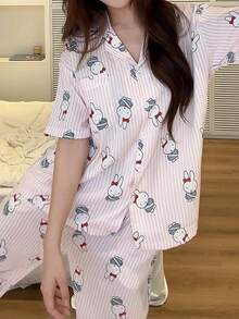 Gongdie 3件組Miffy女款睡衣套裝，柔軟舒適條紋印花居家服 - 粉色 - 查看 5