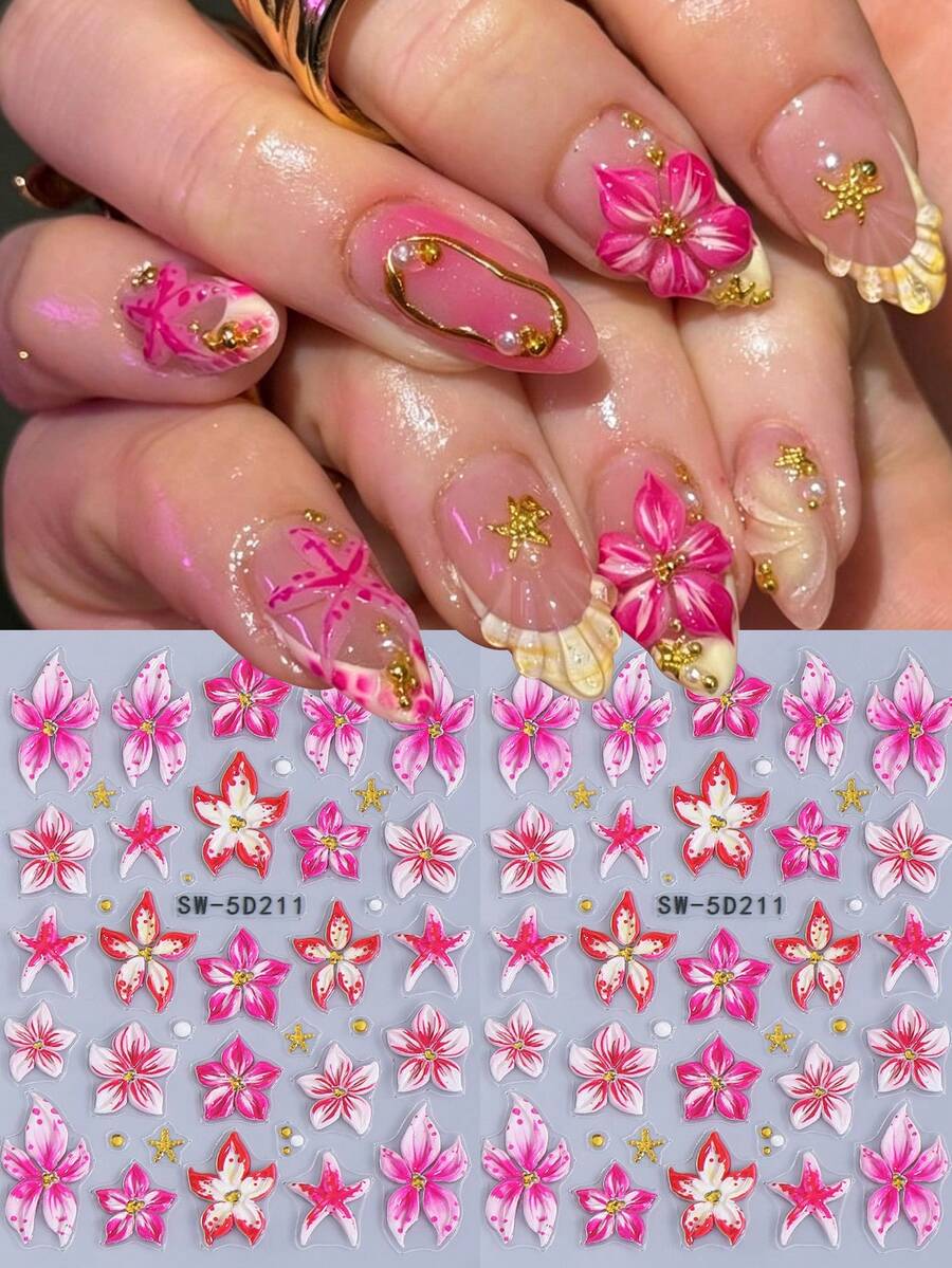 2片装5D立体夏威夷芙蓉花美甲贴纸,自粘热带粉红红色花朵海星沙滩度假花卉美甲贴花,女士及女孩DIY美甲用品 - 彩色 - 查看 1