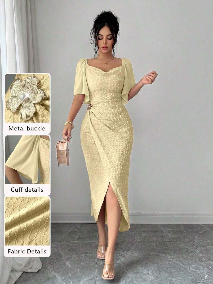 xheModelyn Vestido elegante ajustado con cuello de volantes, mangas de pétalos y hebilla metálica de bloque de color para mujer, primavera/veranoxhe - Amarillo - Ver 1