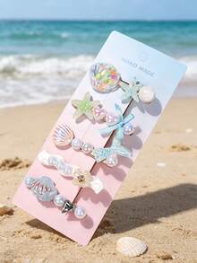 5pcs/Pack Mermaid Shell Hair Clips, Cute Korean Style Hairpins, Sweet Hairclips For Girls - Blue - View 6
