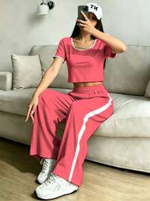 Conjunto De Top Corto De Manga Larga Y Pantalón Para Mujer Con Diseño De Bloques De Color - Rosa vieja - Ver 2