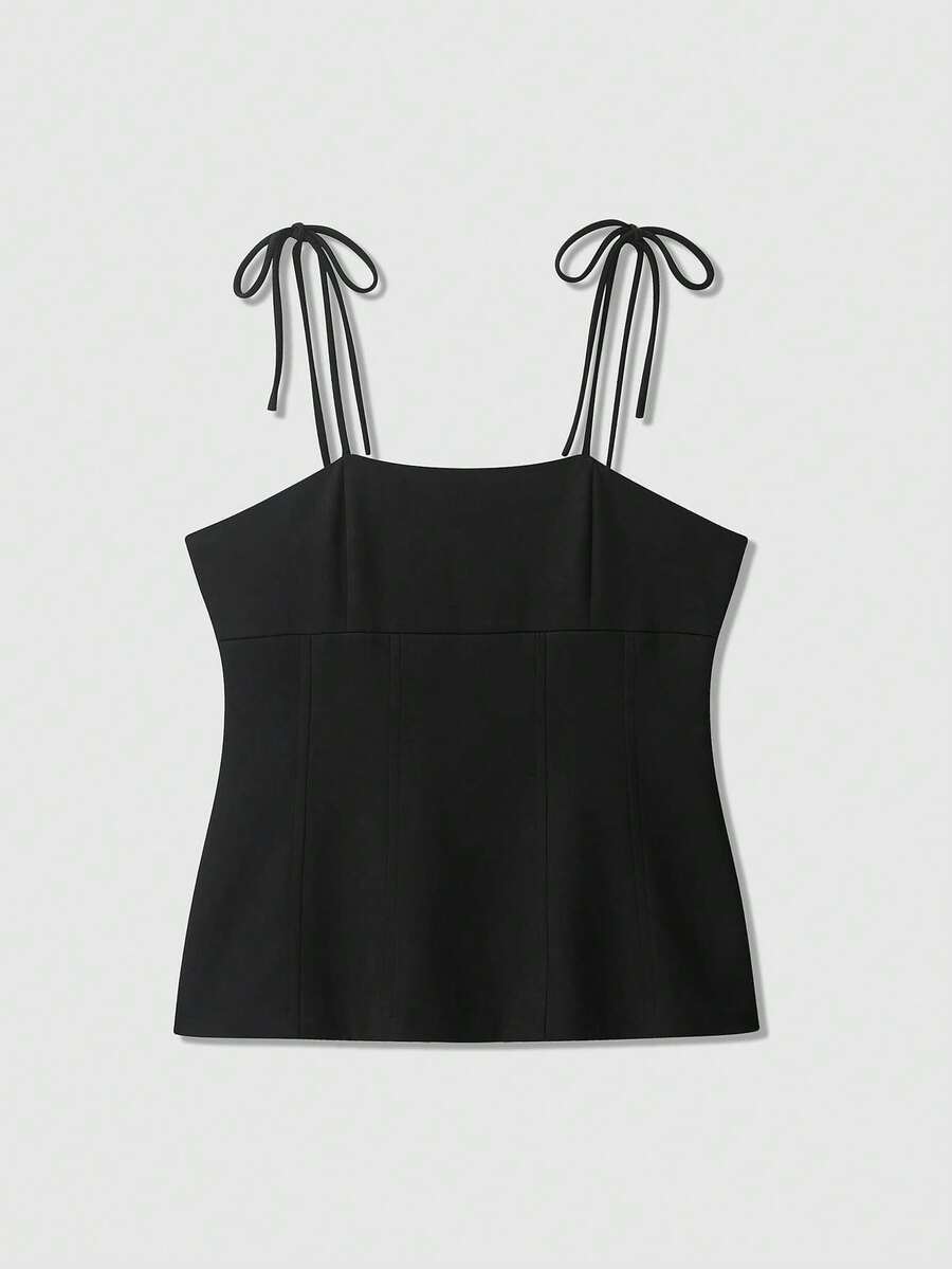Top camisero con lazo decorativo, unicolor de estilo minimalista y de moda, adecuado para el verano - Negro - Ver 1