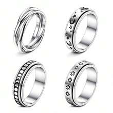 4pcs Stainless Steel Rotatable Rings, Suitable For Men And Women, Moon, Star, Celtic Design, Fashion Couple Rings Set - Silver Four-piece Set - View 15