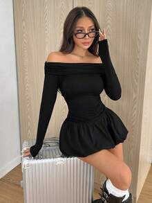Vestido mini de manga larga de un hombro con volantes en el bajo para mujer, para primavera y otoño - Negro - Ver 3