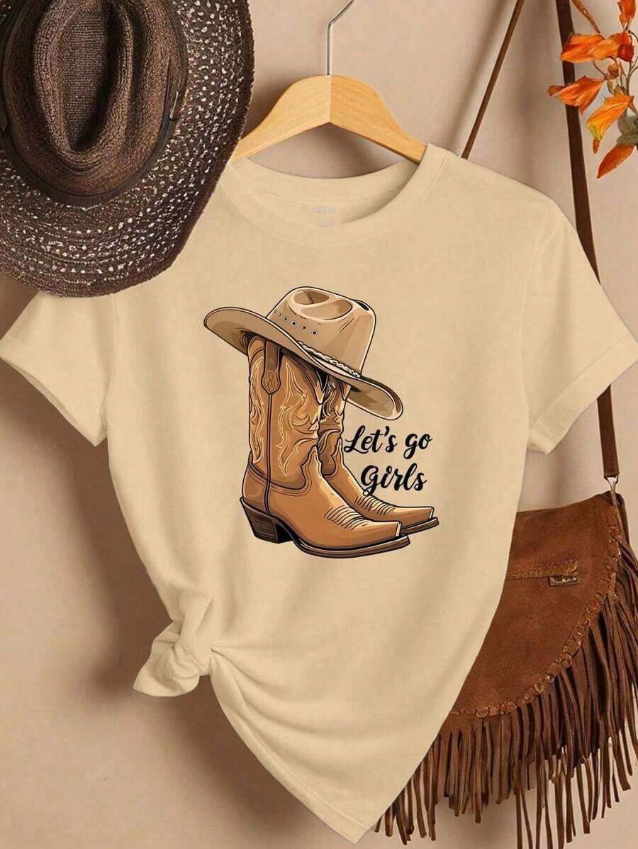Envío gratis, entrega local enéxico, entrega en 4 días.Camiseta de manga corta con estampado de botas de vaquero y sombrero, cuello redondo casual, estampado Let's go girls para mujer. - Albaricoque - Ver 1