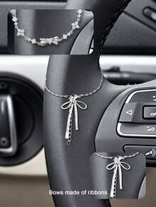 Butterfly & Crescent Moon Rhinestone Car Hanging Decor, Rearview Mirror Elegant Car Interior Decoration, Atmosphere Enhancing Hanging Accessory - Bow - View 2