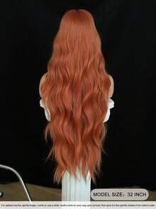 7JHH WIGS Extra Long Body Wave Orange Wig For Women 32 Inch Elegant Wavy Curly Wig With Bangs, Natural Looking Soft Fluffy Synthetic Heat Resistant Fiber Hair Wig For Daily Wear, Music Festival Party Use - 亮橙色 - 查看 3